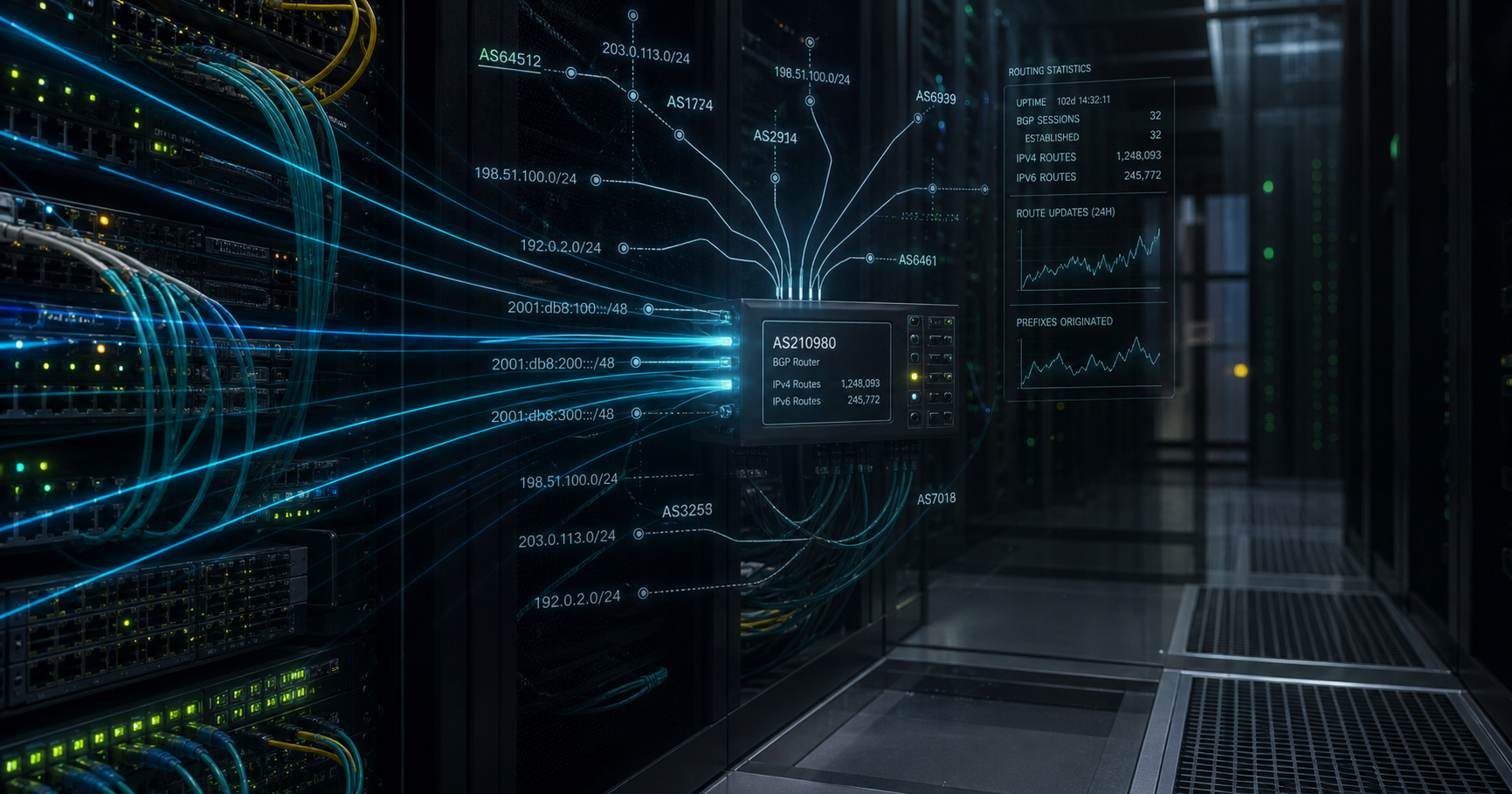 Abstract visualization of internet routing infrastructure with glowing fiber connections and a central autonomous system node, set in a dark data center environment with blue and teal lighting.