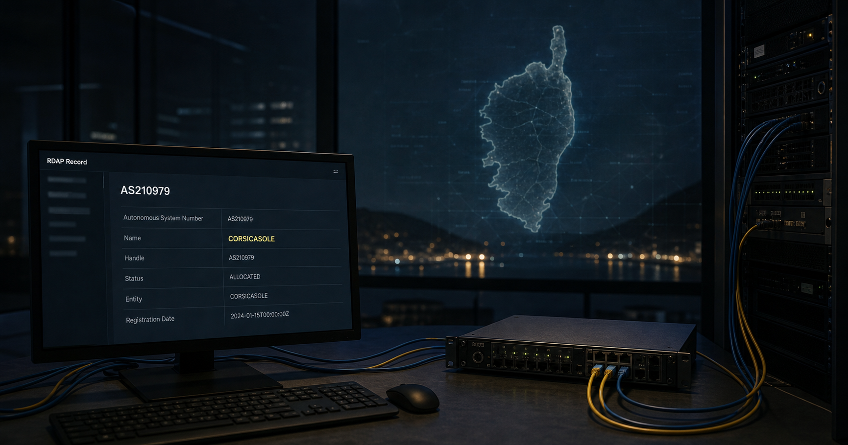 A dim network operations center with a monitor showing AS210979 RDAP record and the name CORSICASOLE highlighted, with a ghostly outline of Corsica in the background and a single router rack, symbolizing a dormant internet routing entity.