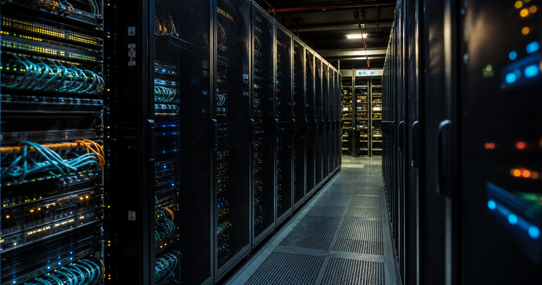 An abstract network operations scene depicting a European data center corridor with glowing infrastructure panels, symbolizing the operational contact role behind AS210977.