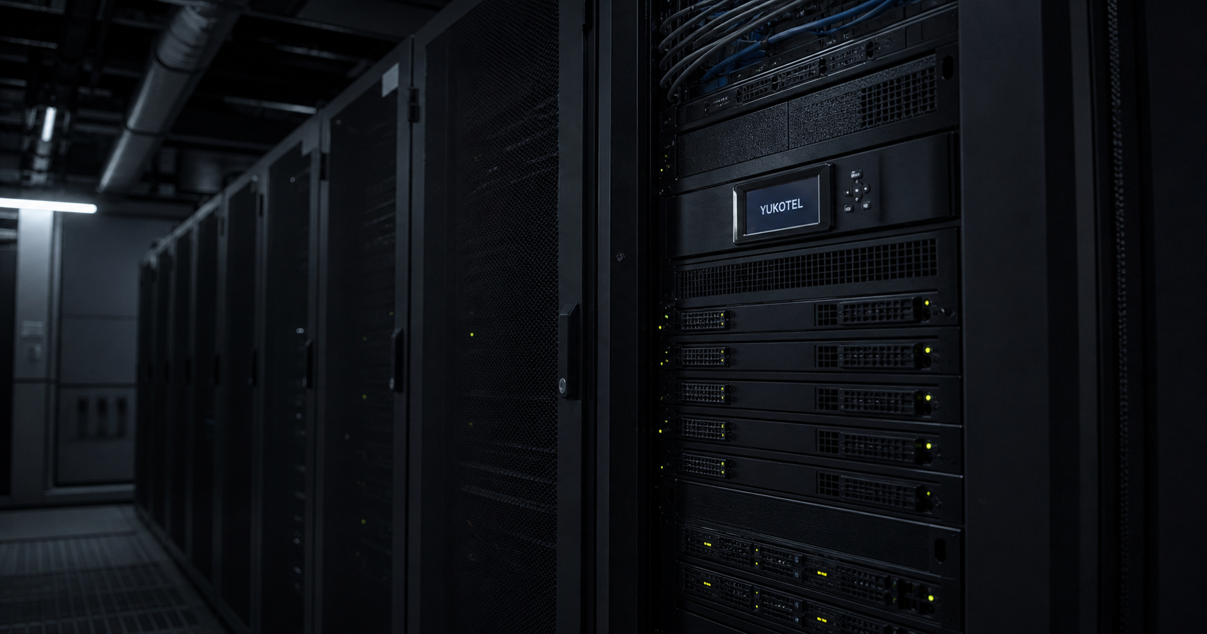 A silhouette of a network rack with a single blinking light labeled YUKOTEL, surrounded by dark, unused ports.