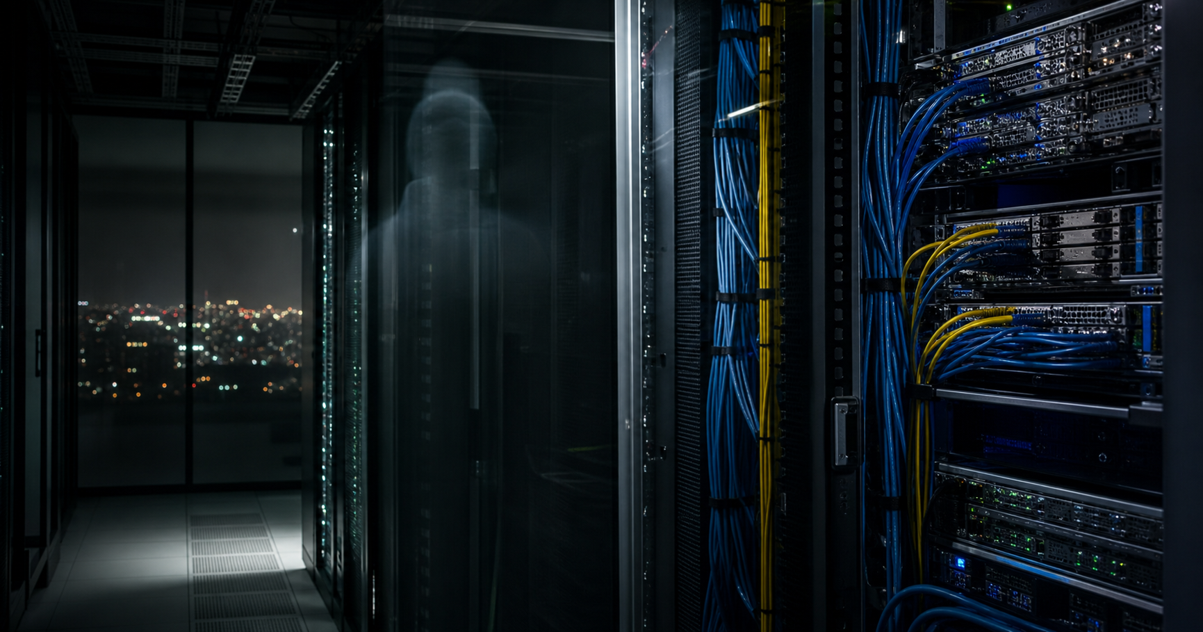 Abstract visualization showing a translucent AS210974 node over a network topology in a dark data center, representing an unverified internet registry entity.