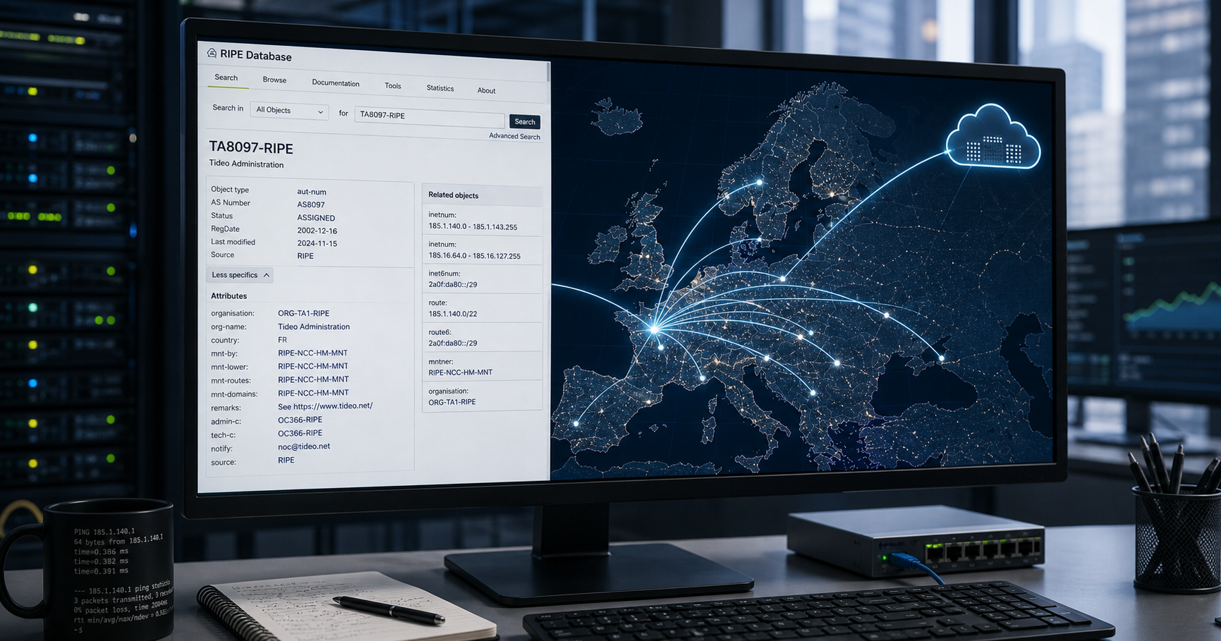 Abstract illustration of internet registry database entries interlinked over a map of Europe, with a magnifying glass over a record labeled TA8097-RIPE.