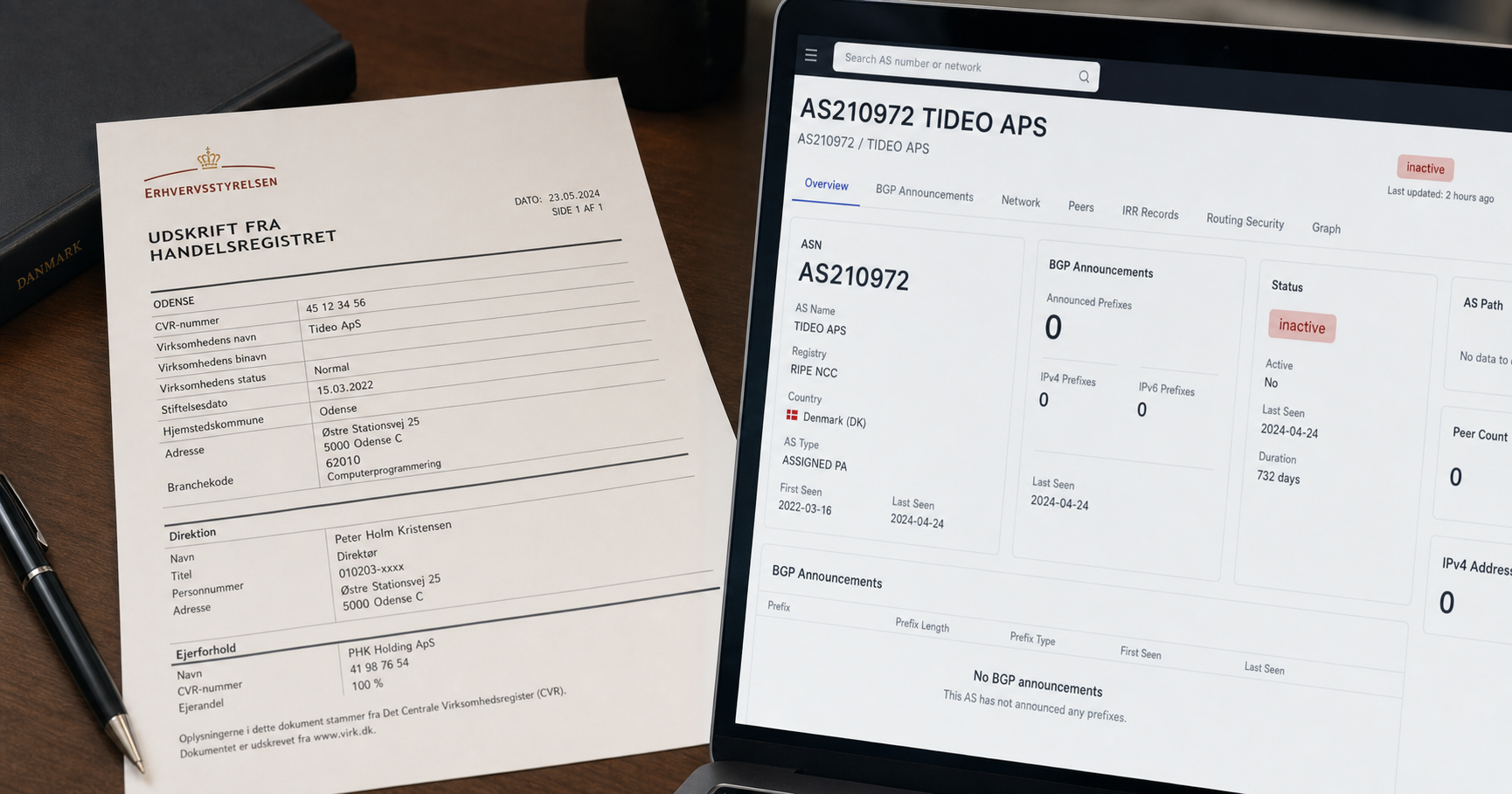 A stylized Danish business registry document beside a network monitoring screen showing AS210972 with no active prefixes, conveying a dormant but observable infrastructure presence.