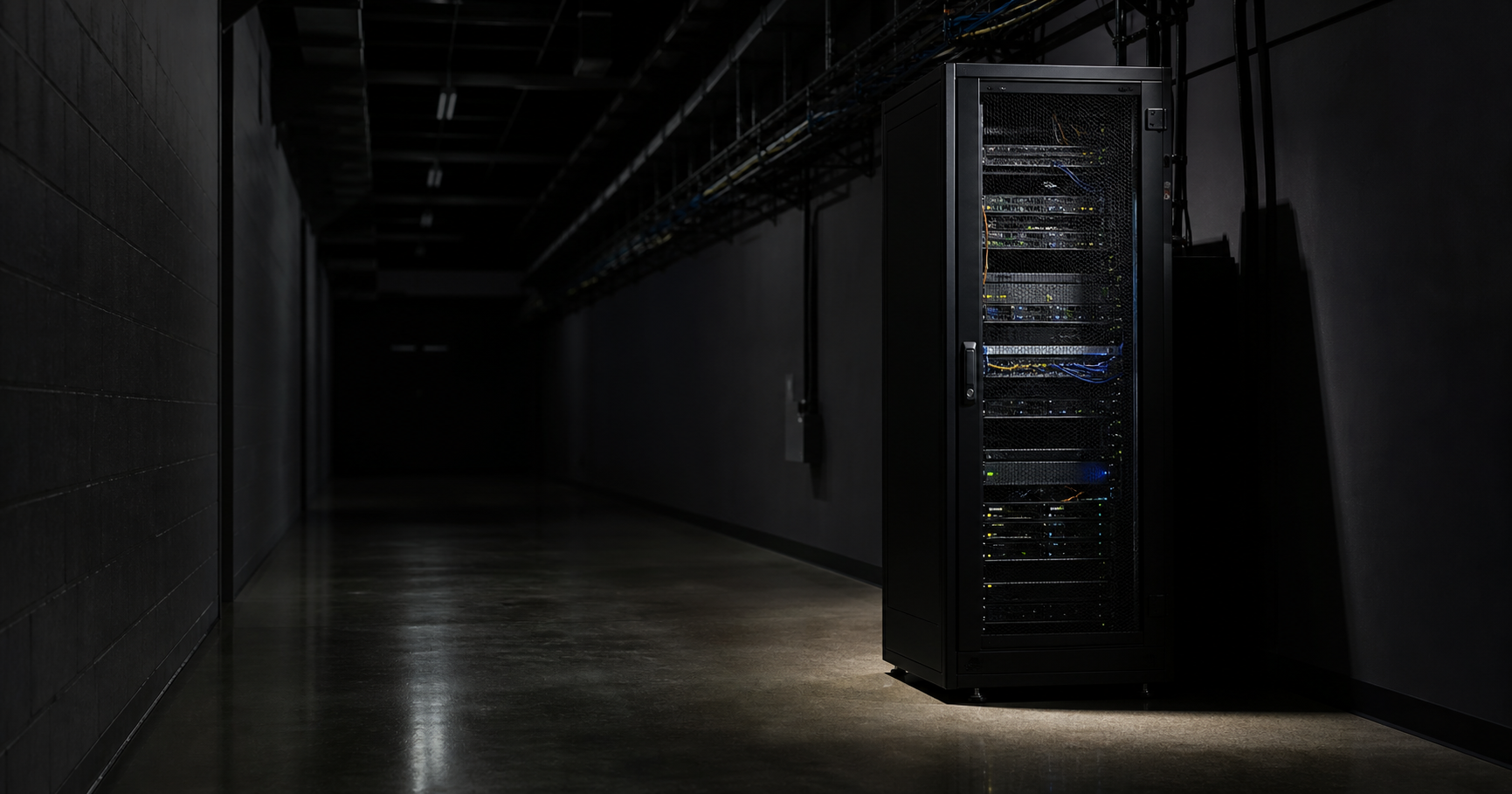 A dimly lit data center corridor with a server rack illuminated by a monitor showing an RDAP lookup for AS210970, emphasizing the limited registry-bound public footprint.