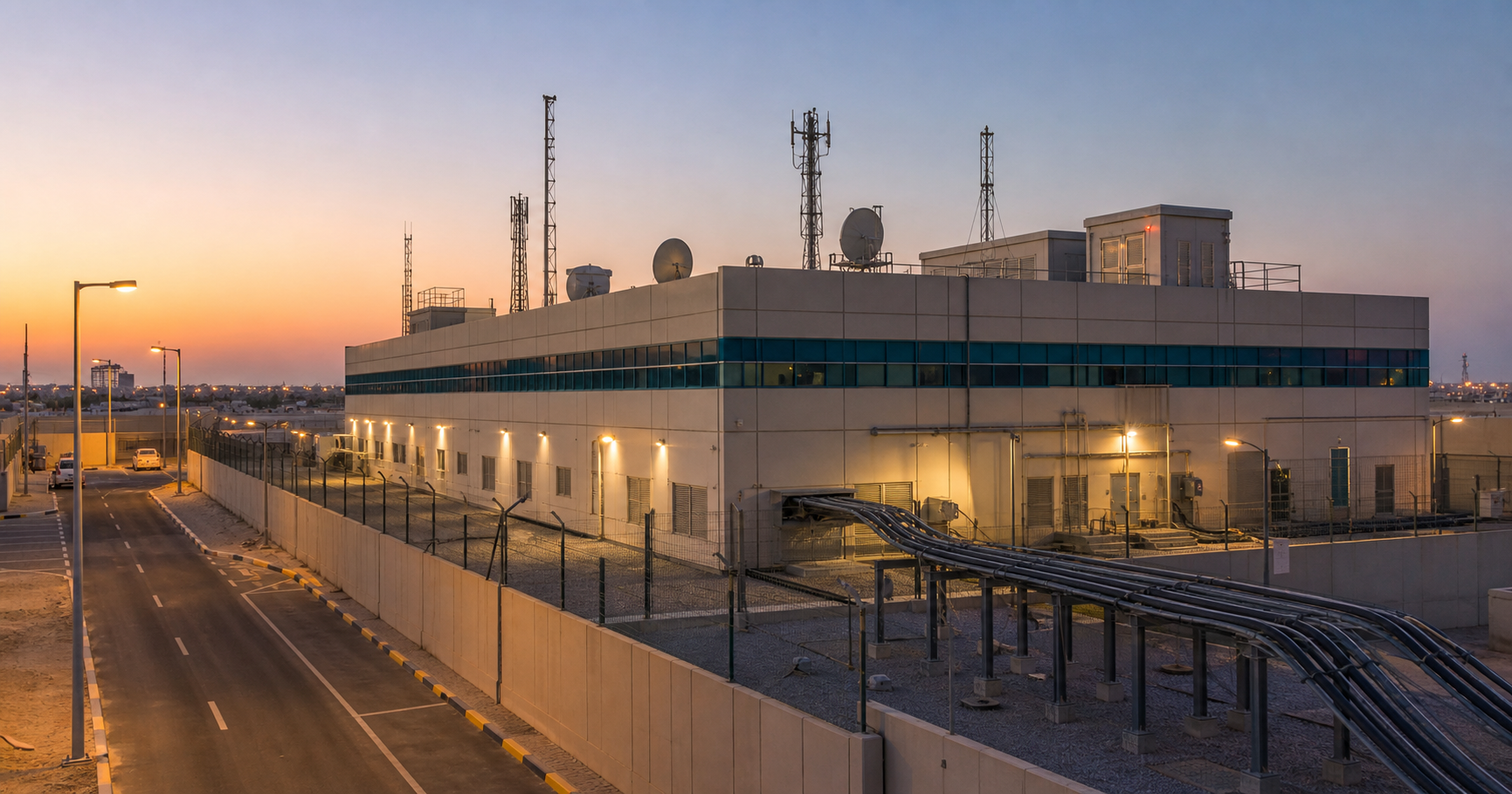 Modern telecommunication infrastructure in Bahrain, including a data center exterior and fiber connectivity equipment, representing the operational environment of a network operator.