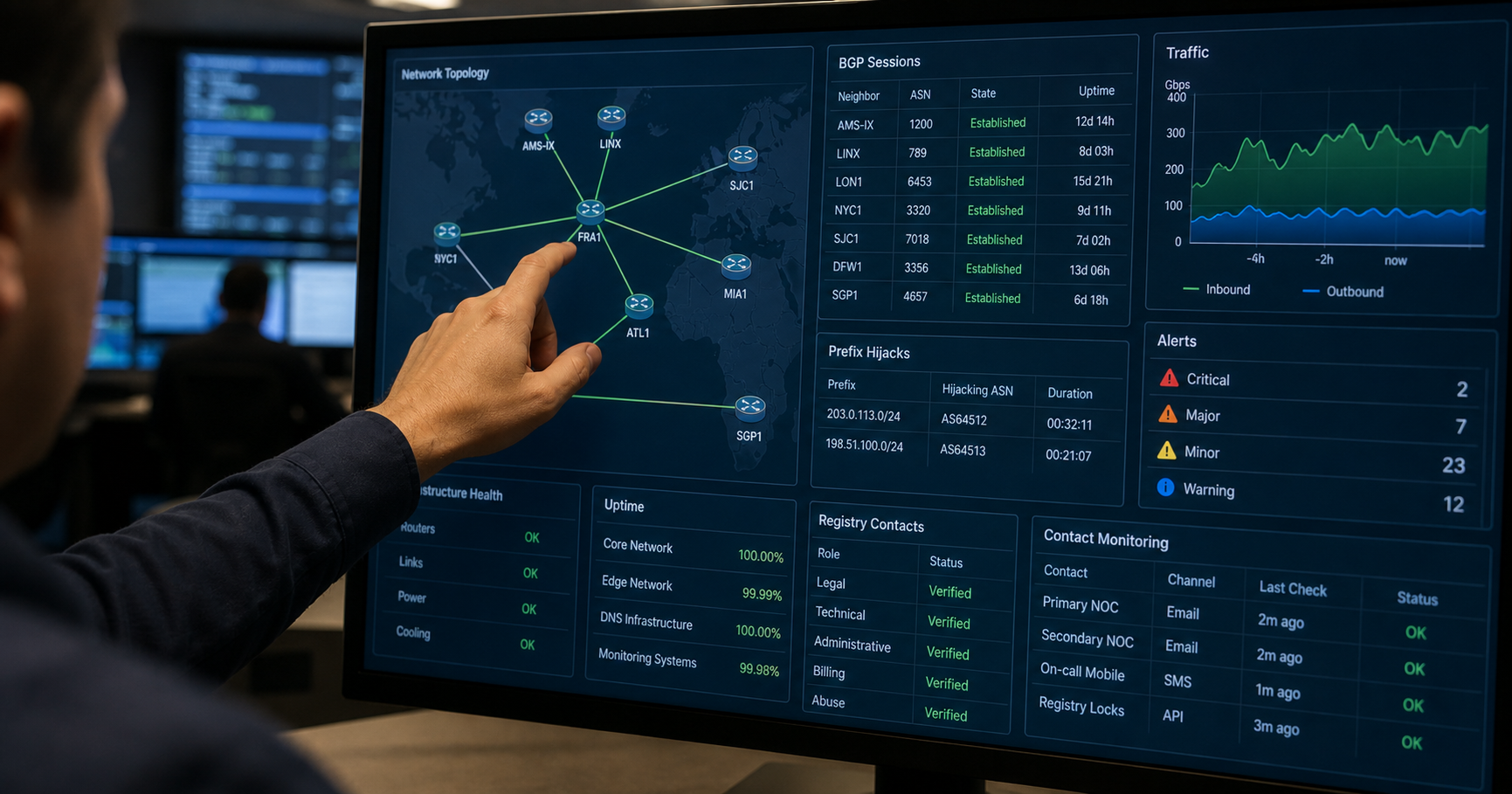 Network operations center monitor displaying routing dashboard in a dimly lit environment.