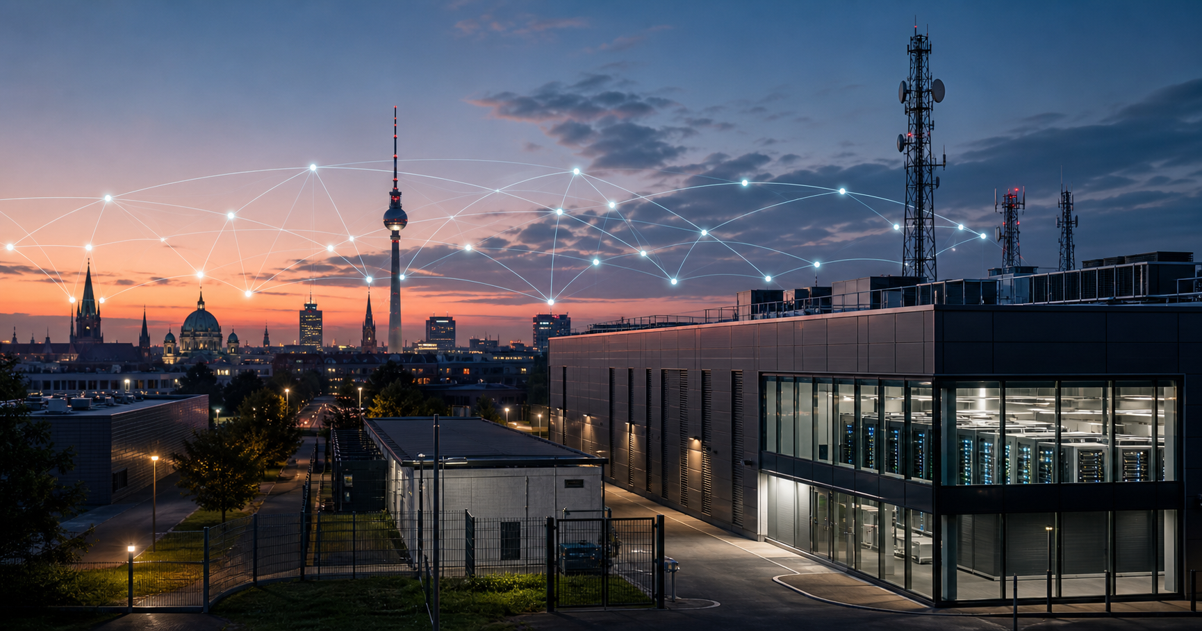 Abstract illustration of a German networking hub with glowing network nodes connected above a subtle cityscape silhouette, the AS number AS210967 discreetly overlaid.
