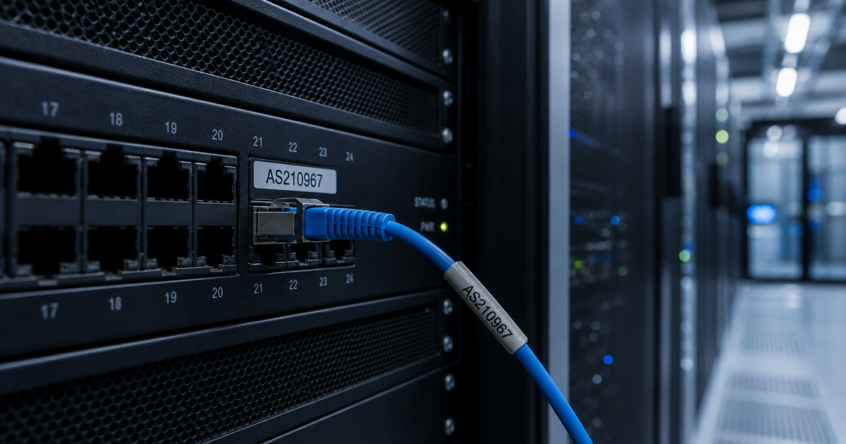 Dimly lit data center rack with a single active cable connected to a port labeled AS210967, representing a dormant registered ASN.