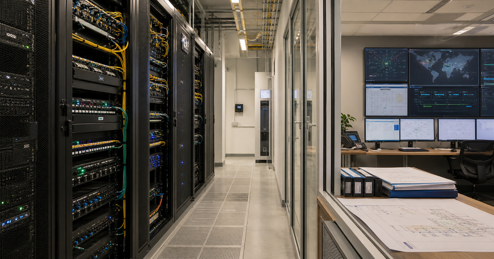 A modern, professional server room or network operations center with clean lighting and orderly equipment, representing internet infrastructure management in Hungary.