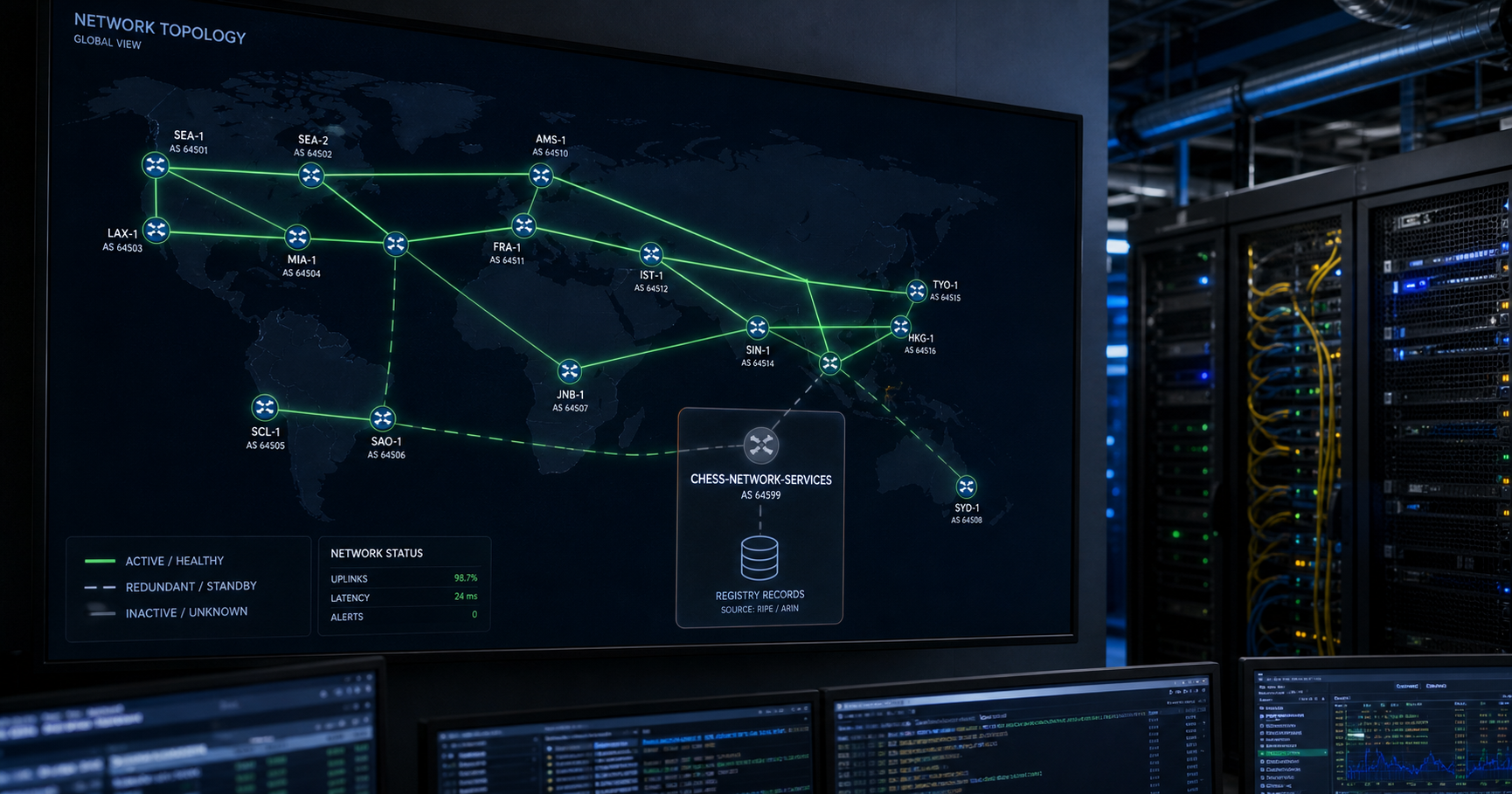 A visualization of internet routing infrastructure showing network nodes and lines connected to a registry database, representing the dormant ASN record of CHESS-NETWORK-SERVICES.