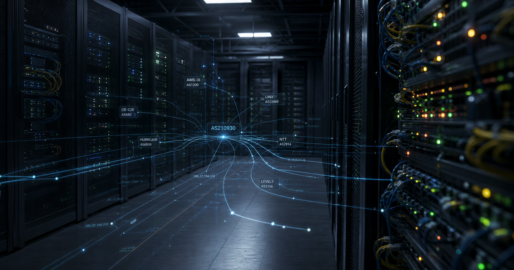 Abstract visualization of internet routing associated with AS210930.
