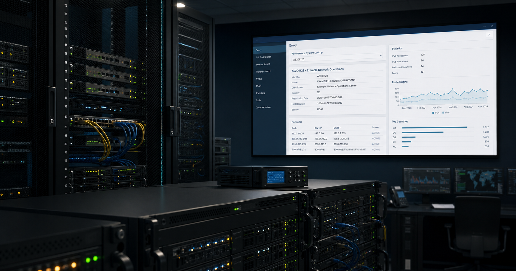 Network operations centre with a large screen displaying a RIPE registry query interface and server racks with indicator lights.