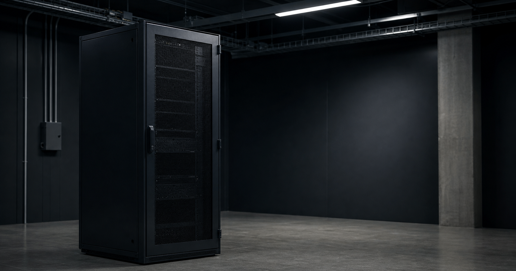 A dim server room with a single idle rack; a printed RDAP record is taped to the rack door.