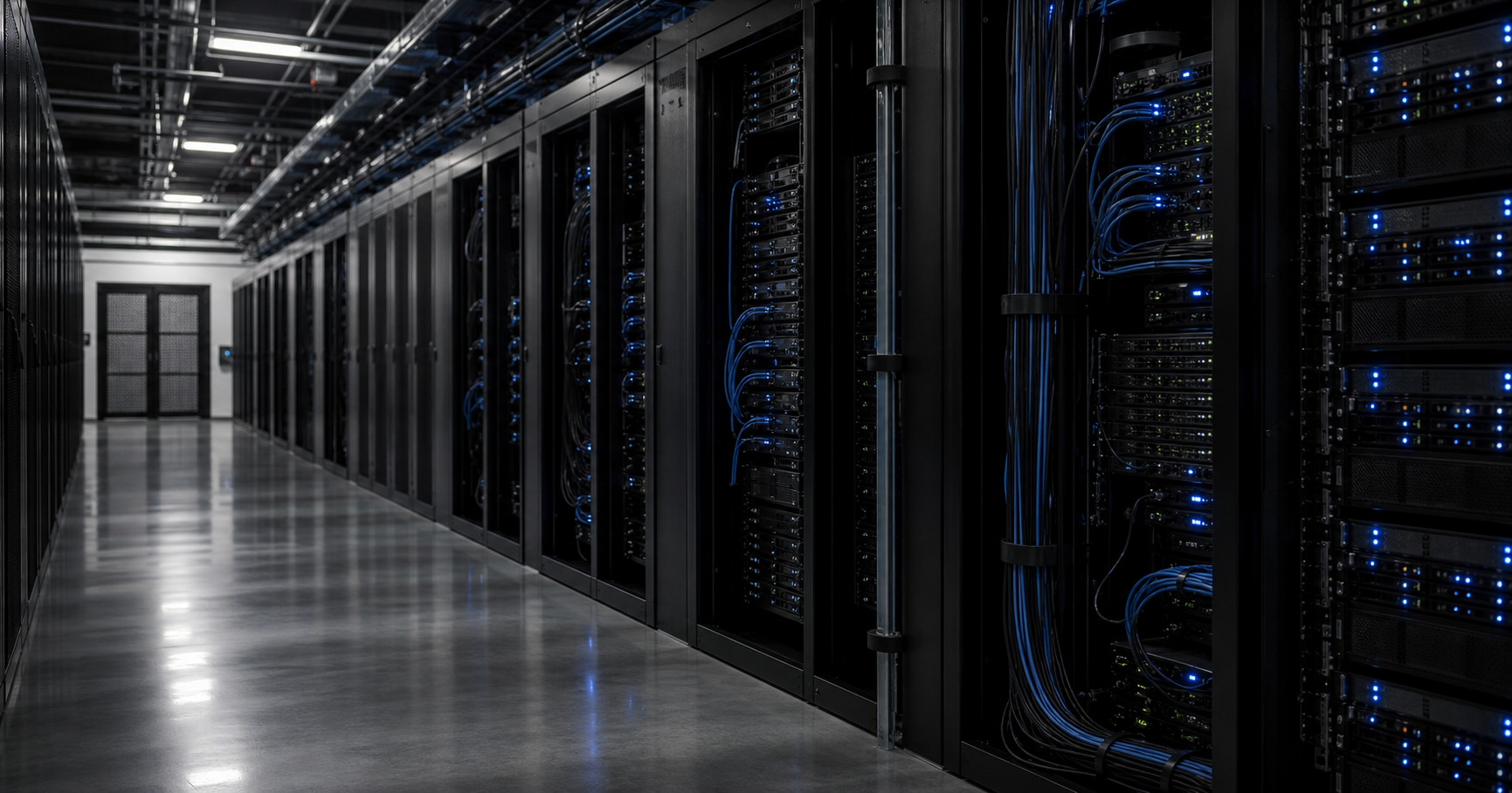 Abstract data center with server racks and network cables.