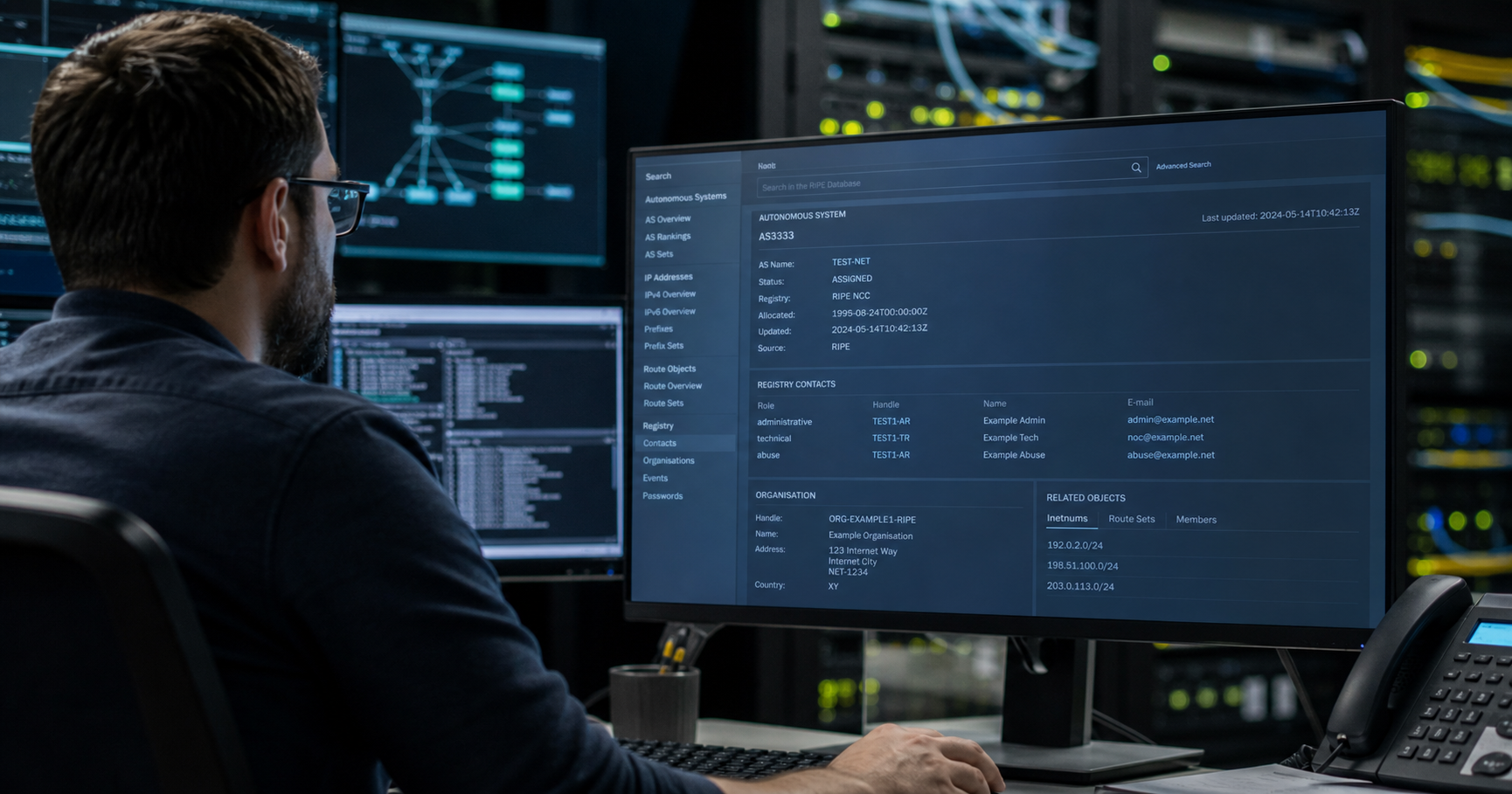Network operations center workstation with RIPE Database on screen, illustrating internet registry contact context.
