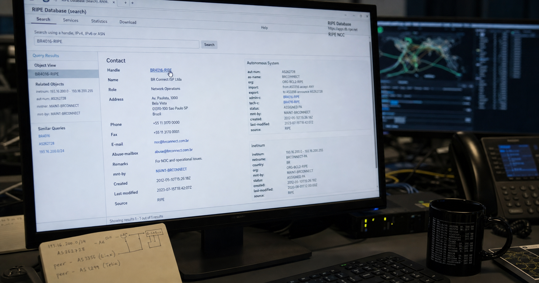 A dimly lit digital workspace shows a RIPE database entry on a screen, with a cursor hovering over a contact handle labeled BR4016-RIPE.