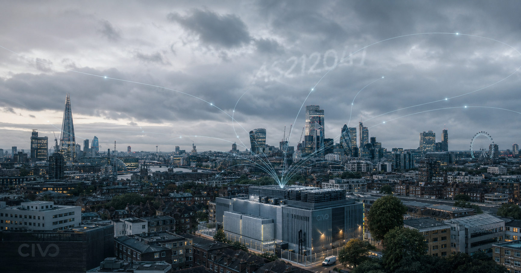 Civo LTD cloud infrastructure concept with UK skyline and AS212047 registry motif.