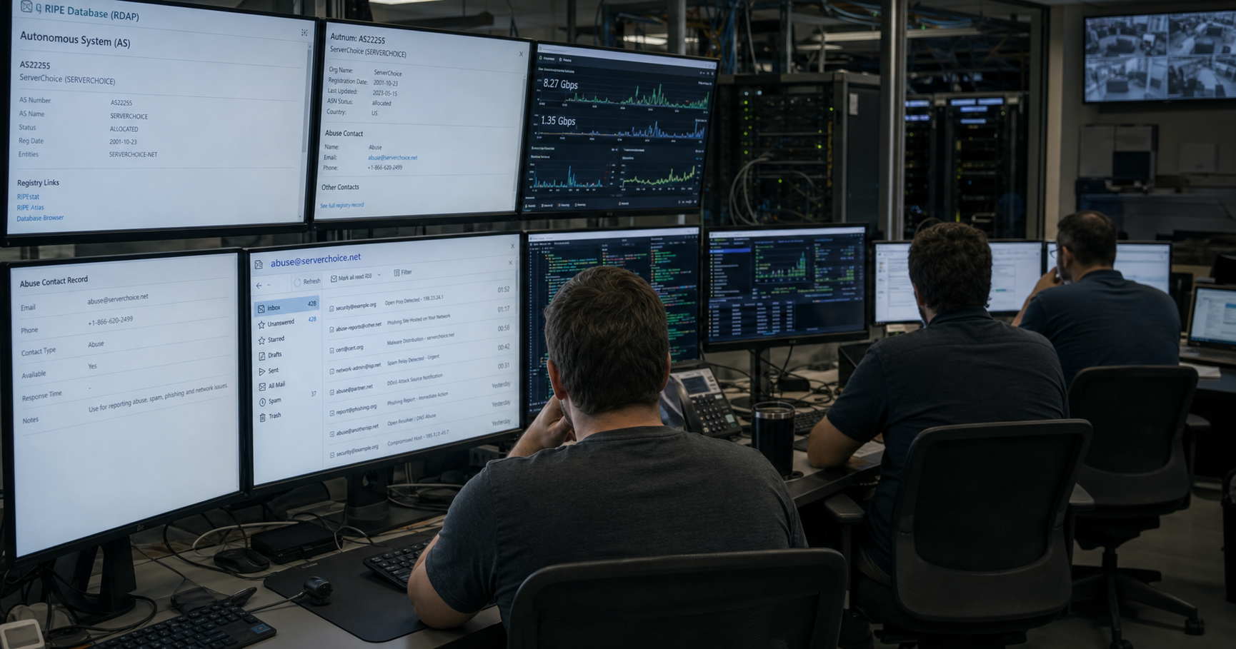 Illustration of a network operations center with unanswered abuse call to represent the ServerChoice Ops Team's ambiguous accountability.