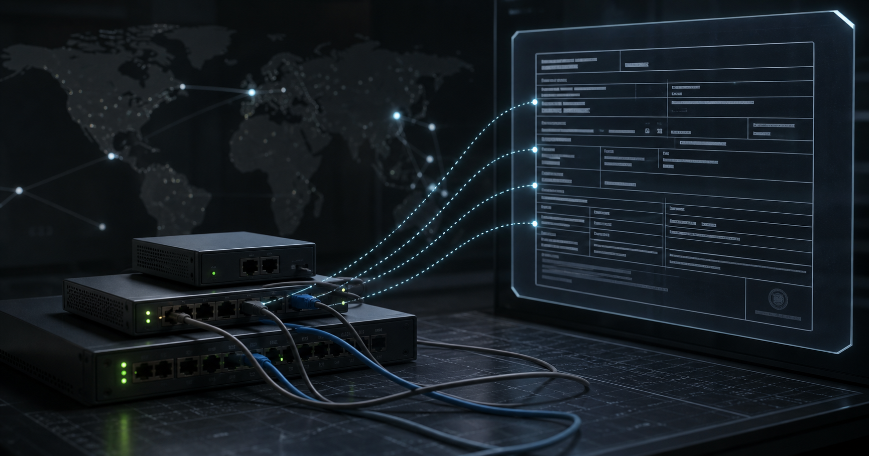 Abstract representation of internet routing data and registry records connecting to a network node, symbolising the limited public footprint of Navox co.,Ltd.
