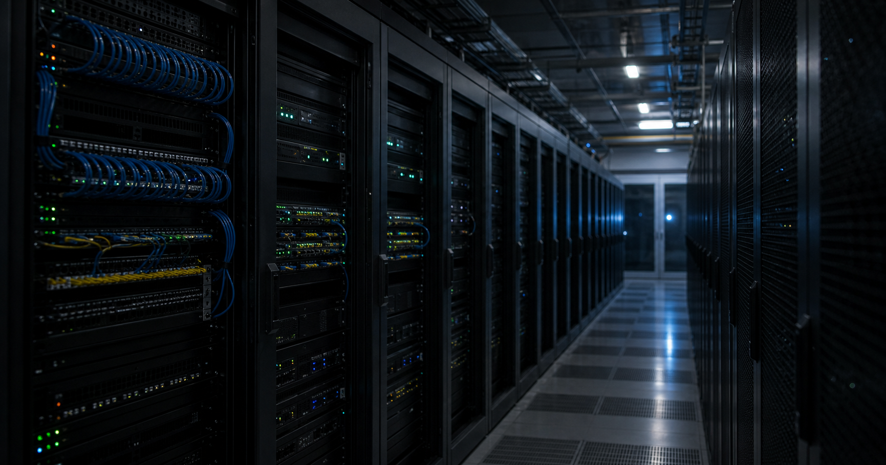 A dimly lit data center corridor with a single rack showing a server with an amber LED, a monitor displaying a WHOIS record with 'TBOND' highlighted, and coiled fiber cables on the floor.