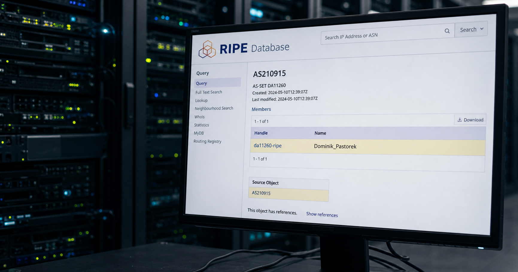 AI-generated editorial image for Dominik_Pastorek showing the public operating context described by verified sources: The only verifiable operating context is its appearance as an administrative contact in the RIPE RDAP record for AS210915.