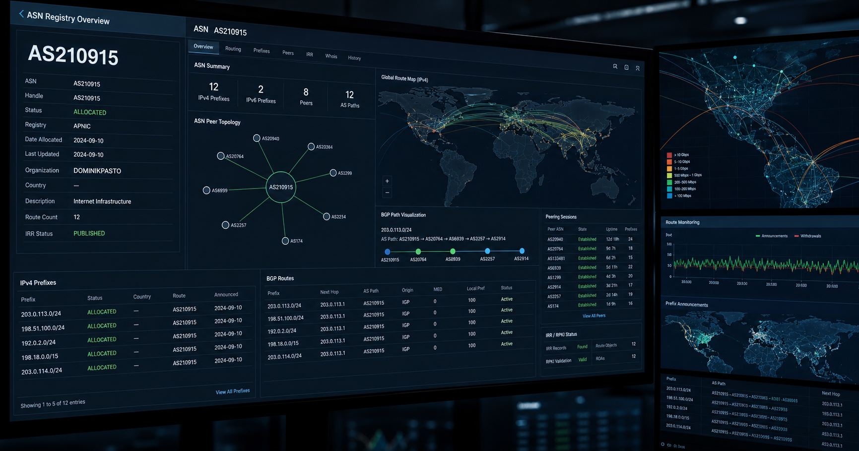 A stylized network operations center screen displaying the autonomous system number AS210915 and abstract routing topology, with registry-style data panels.