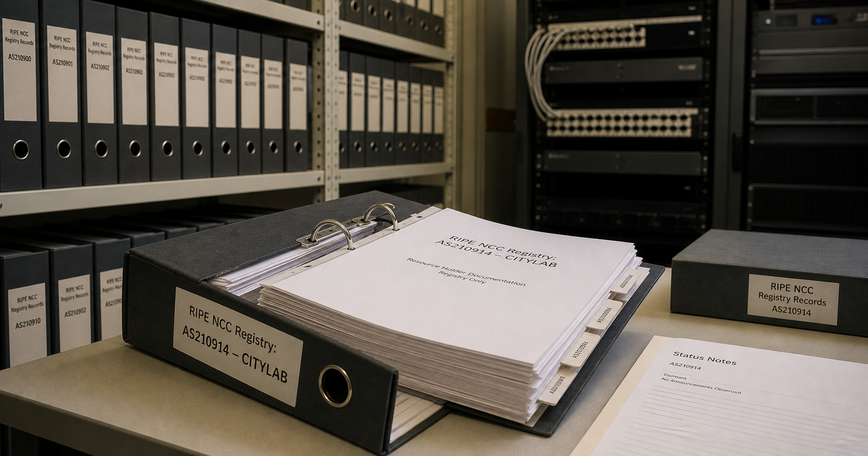 A dimly lit archive room with an open binder labeled 'RIPE NCC AS210914 – CITYLAB'.