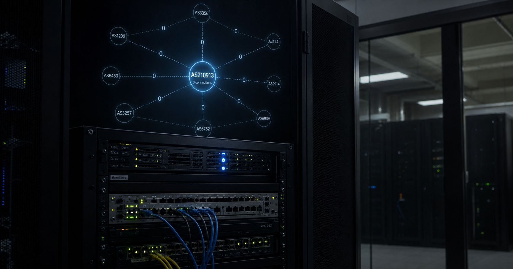 A dark server room scene with a single rack of blinking equipment; a translucent network map floats above, showing a node labeled AS210913 with no connections and a glowing question mark.