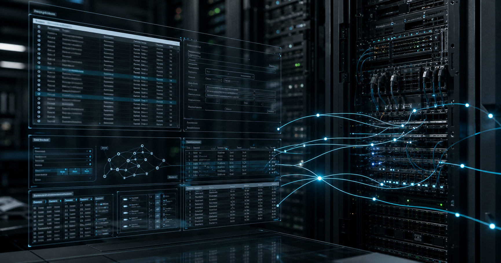 Abstract digital illustration of network routing topology with registry database interfaces, glowing connectivity lines over a dark server-room background.
