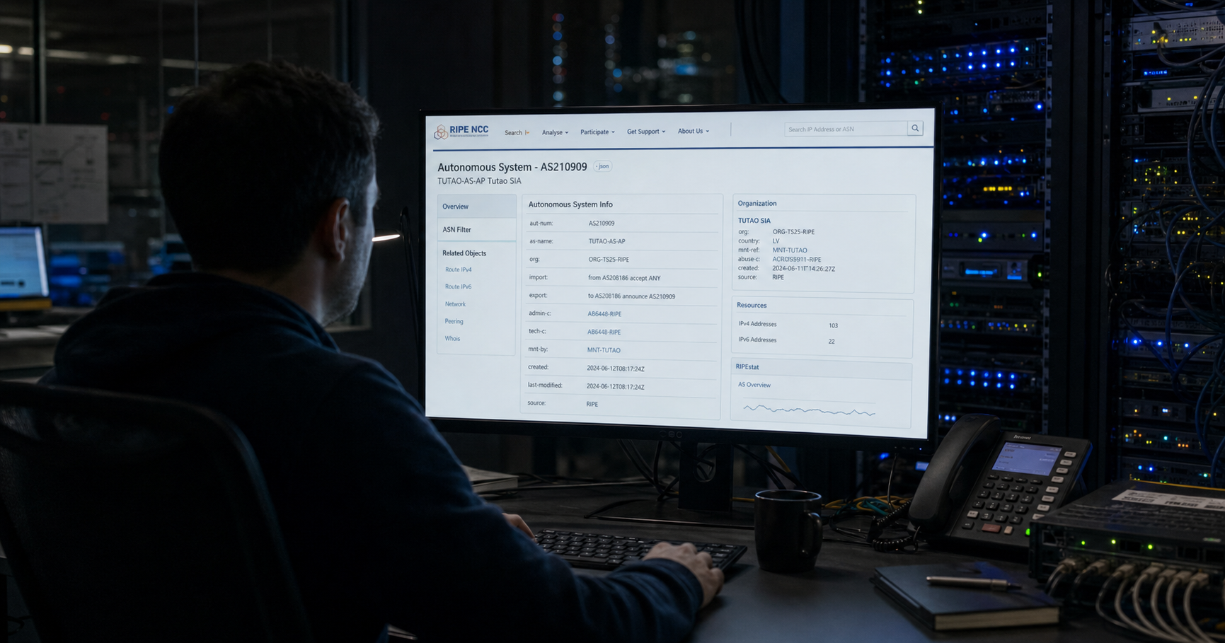 A network analyst inspects a RIPE NCC database entry for AS210909, emphasising the reliance of internet routing on accurate registration data.