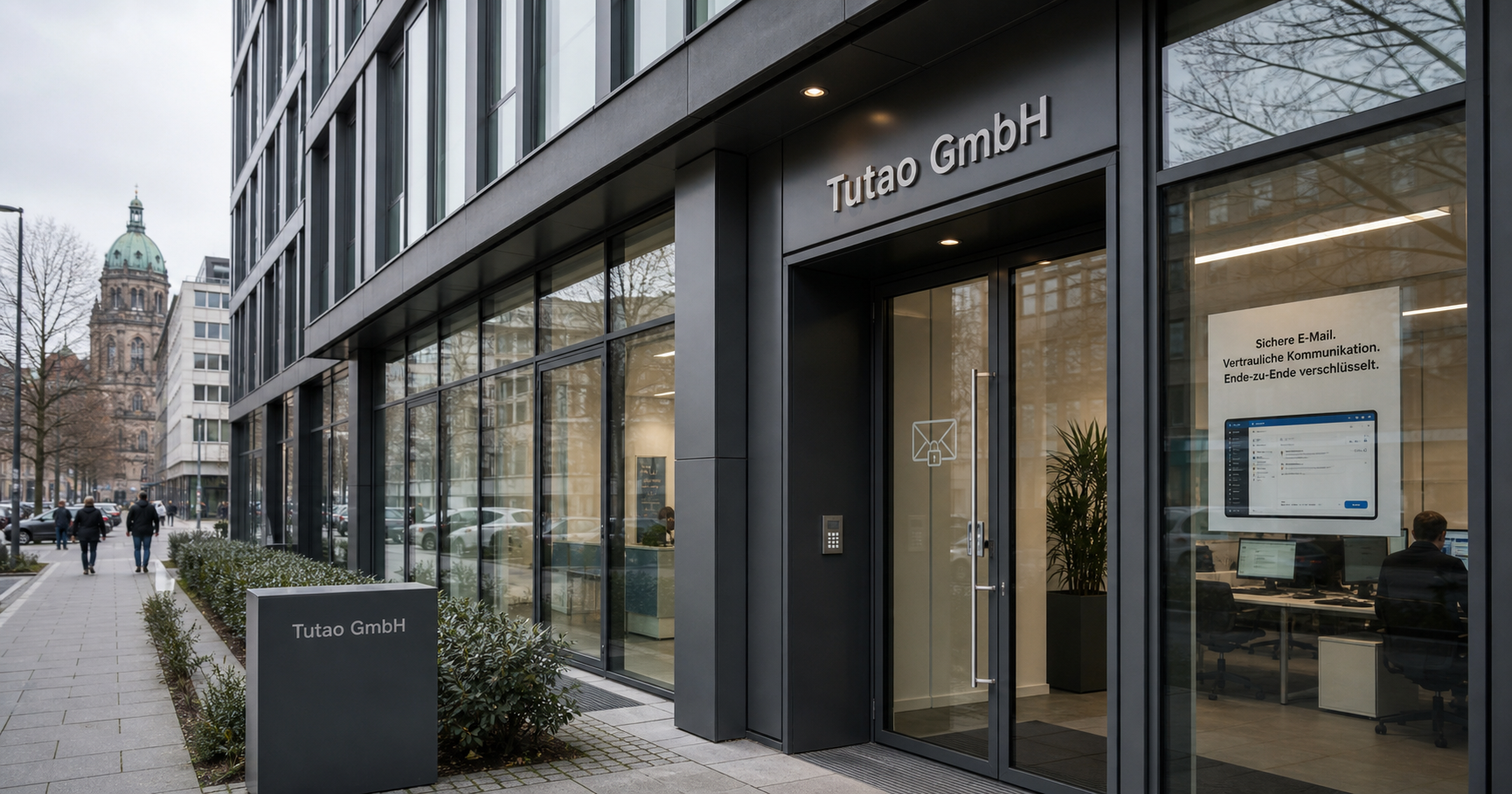 A modern office building exterior in Hannover, Germany, with a sign reading 'Tutao GmbH' at the entrance, overlaid with subtle digital icons of encrypted email and secure communication.