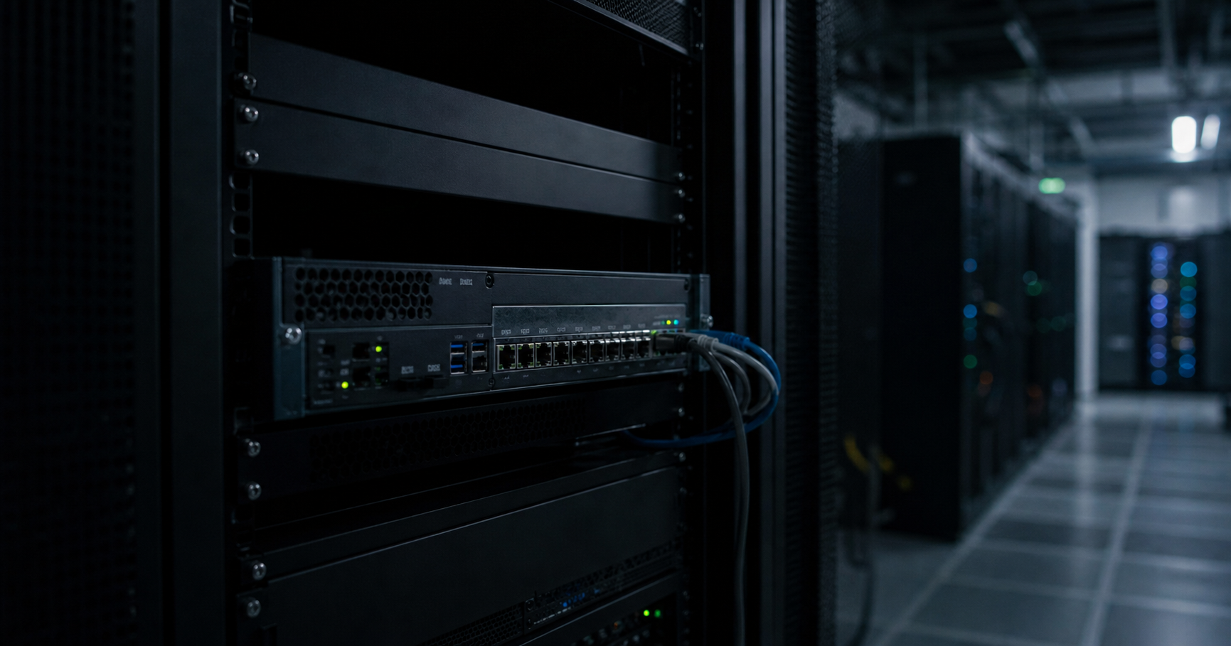 A dimly lit server room with an unattended rack, a single blinking light on a router labeled AS210909, symbolizing a dormant but potentially active network presence.