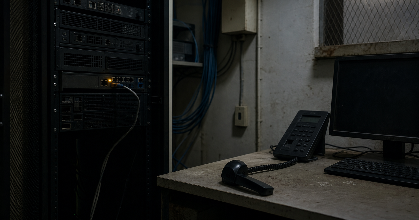 A dimly lit server room corner with an old server rack, one amber blinking port, and a disconnected phone handset on a dusty desk.
