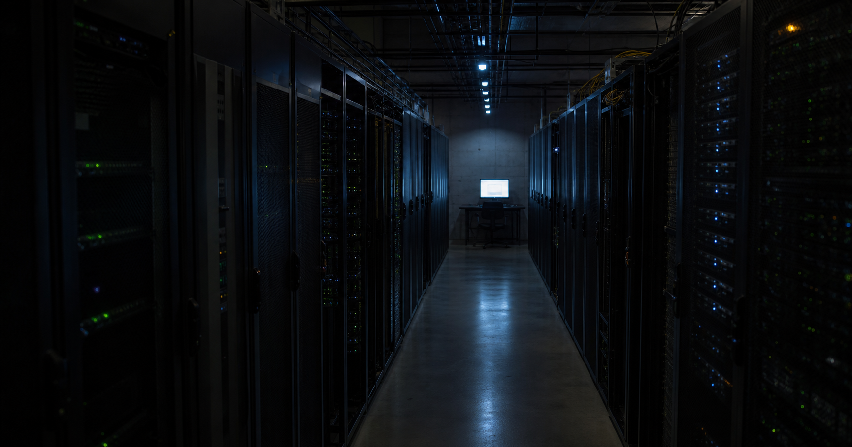 A dark server room with a single lit monitor displaying a RIPE database entry for AS210907.