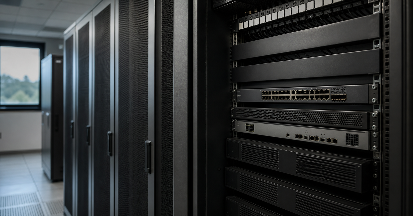 A dim server room with dark, unlit equipment and a faint digital overlay showing AS210907 and PeaceWeb Group B.V.
