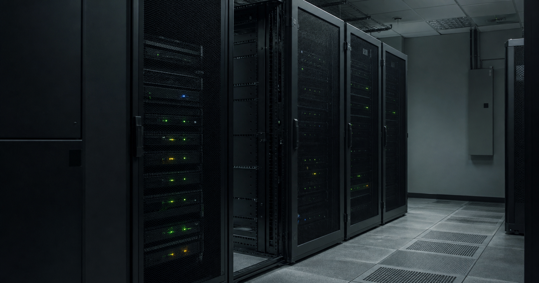 A dimly lit server room with a single monitor displaying the RIPE NCC logo and AS210895, with no other activity, symbolizing the dormant network presence of Podaon SIA.