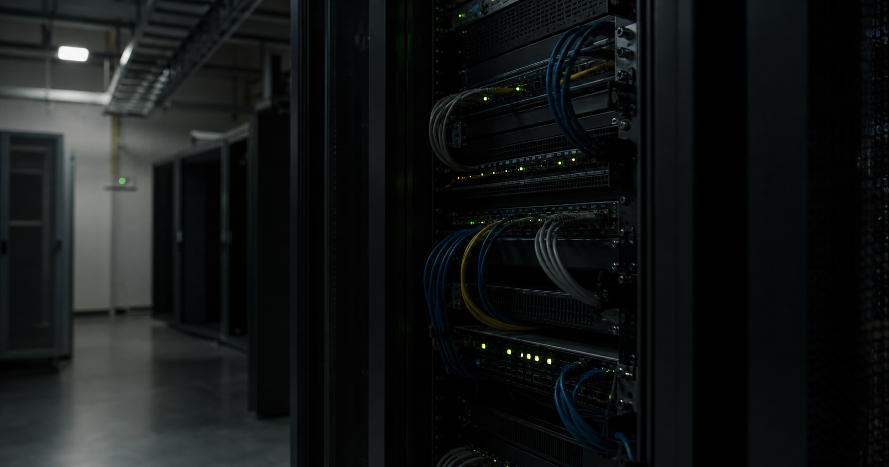 A dimly lit server rack with glowing lights, partially obscured in shadow, symbolizing uncertain infrastructure presence.