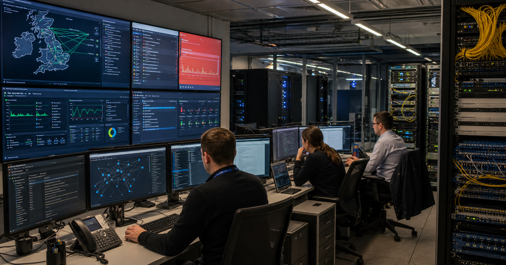 Infrastructure-themed image showing a network operations center with monitors displaying network maps, evoking the network oversight behind an ISP abuse contact role.