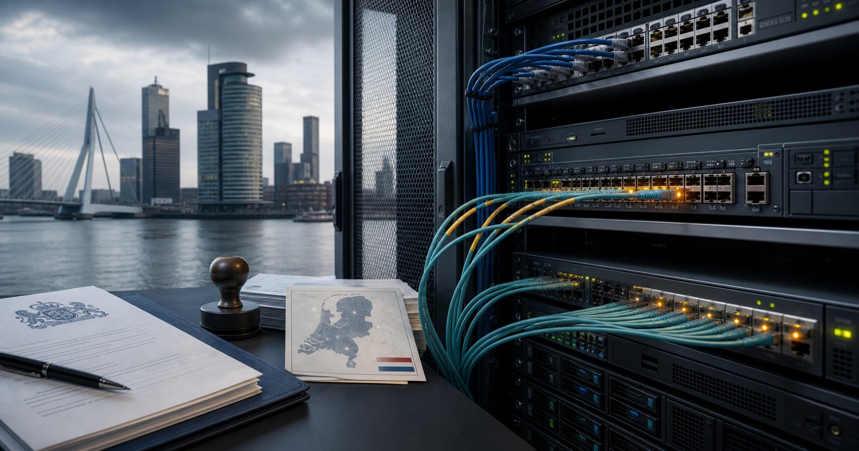 Conceptual illustration of a data center rack with network cables, overlaid with Dutch flag motif and regulatory document imagery, representing ROKR Services BV's registry and potential infrastructure role.