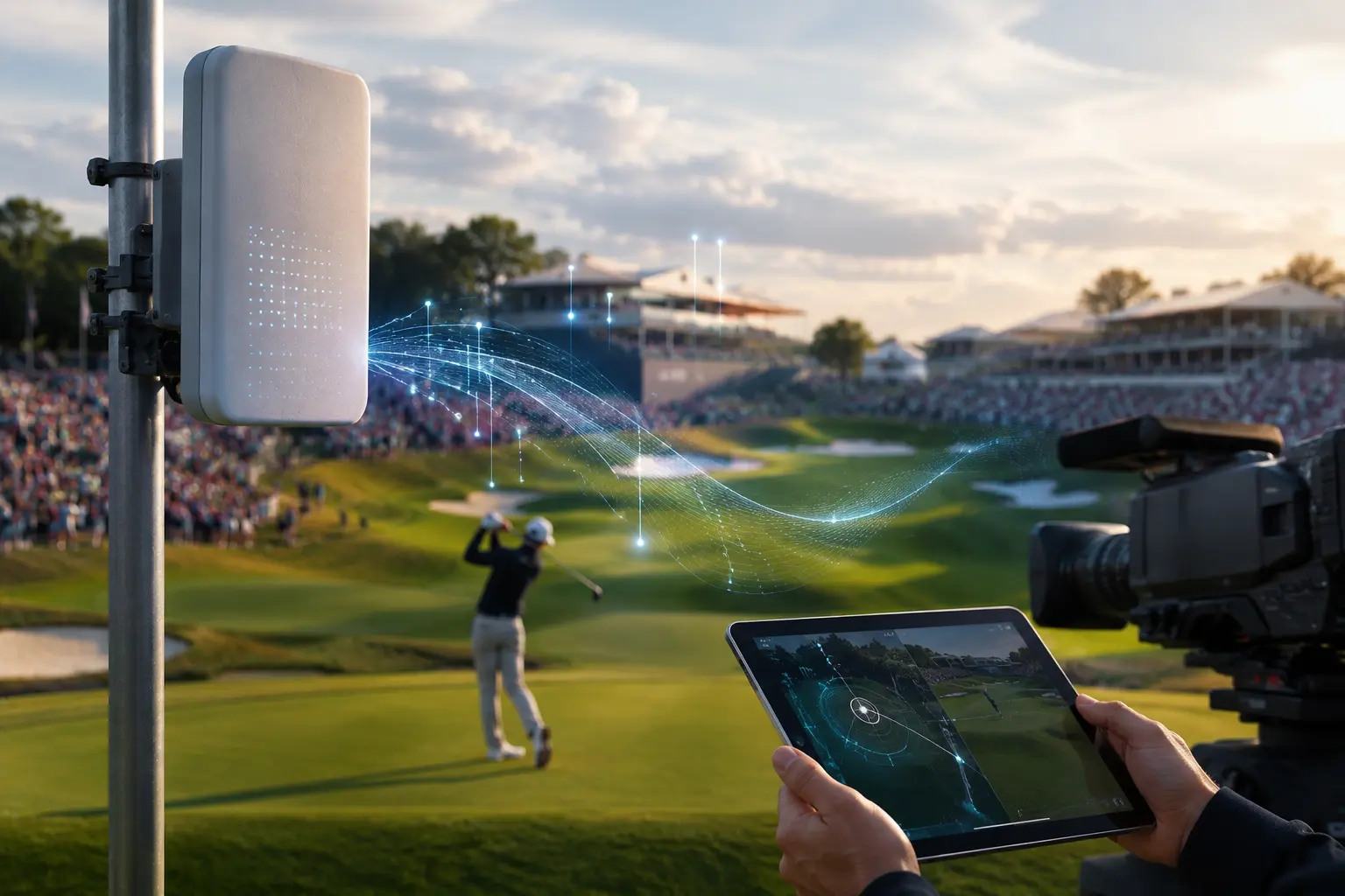 A 5G network node installed beside a championship golf course supports real-time tournament operations as a golfer plays in the background. Digital connectivity overlays link the network equipment, broadcast cameras and a mobile tablet, illustrating how T-Mobile’s 5G infrastructure enables mobile Rules Review, event communications, media production and operational workflows during USGA golf championships. The image visually represents the integration of network slicing and enterprise-grade wireless connectivity into live sports event management.
