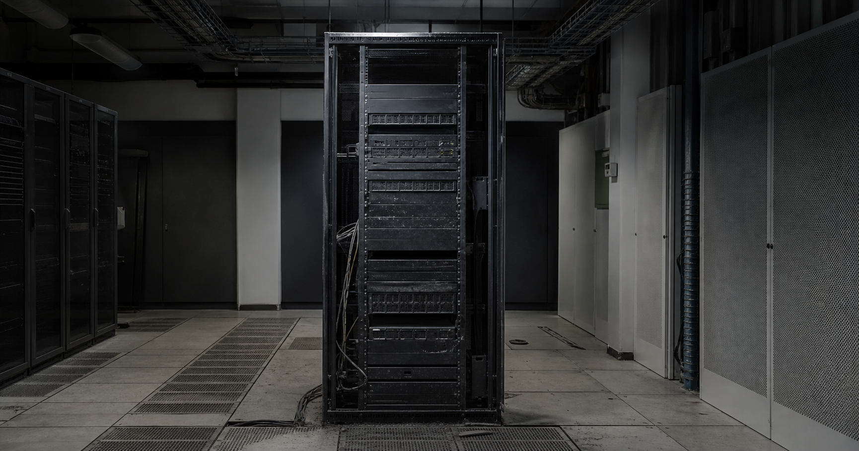 Dormant server rack with RIPE NCC reference visible, representing an ASN registration without active network use.