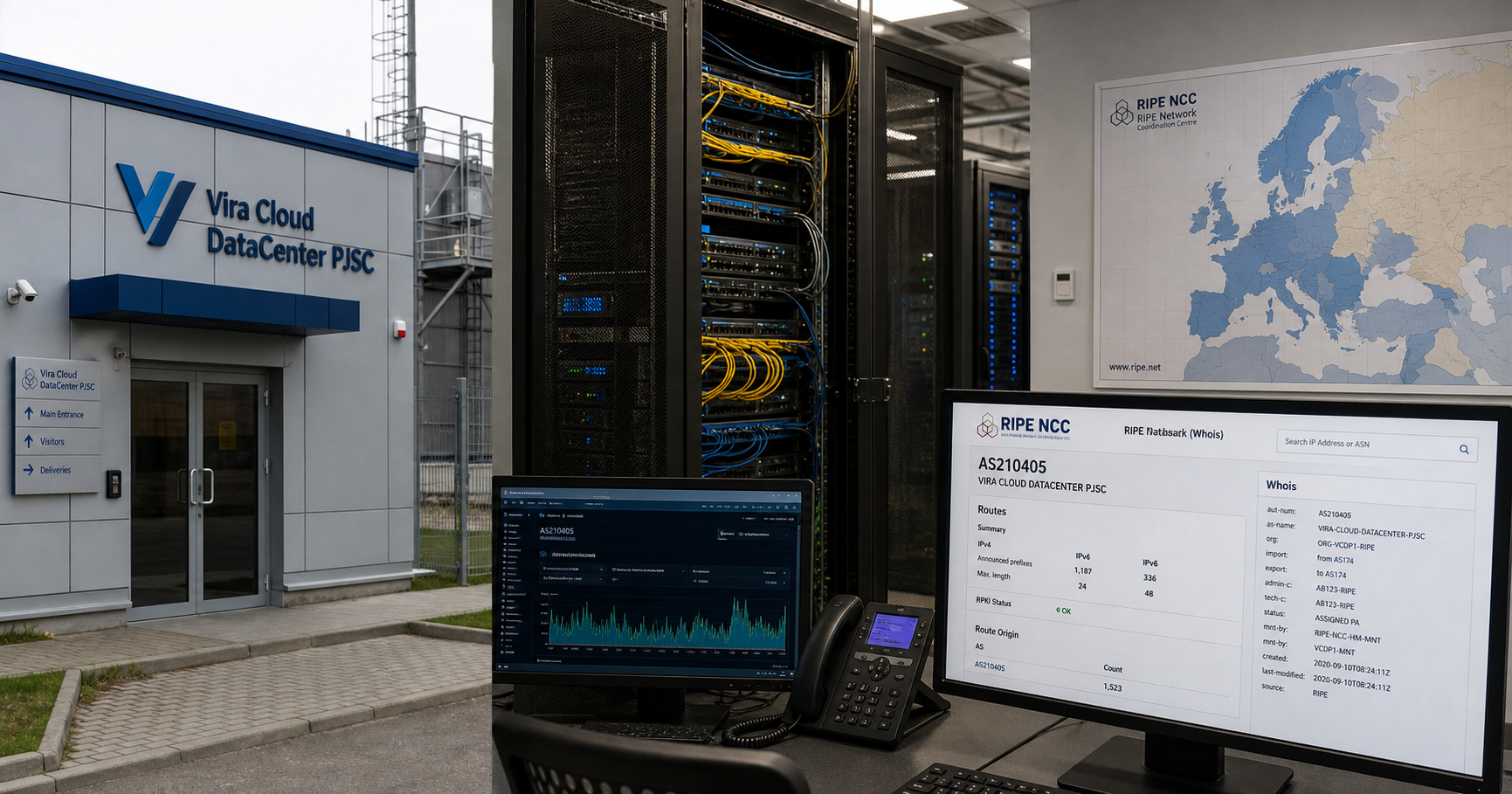 AI-generated editorial image for Vira Cloud DataCenter PJSC showing the public operating context described by verified sources: The subject's only publicly verifiable role is that of a registry-record holder for AS210405 within the RIPE service region.
