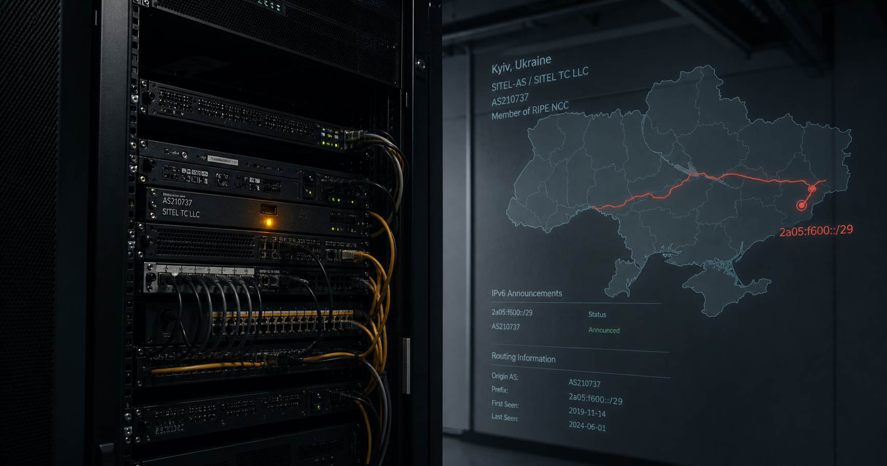 A dimly lit server rack with one amber LED, a map of Ukraine on the wall, and a red dashed line to an IPv6 address, symbolizing a dormant network.