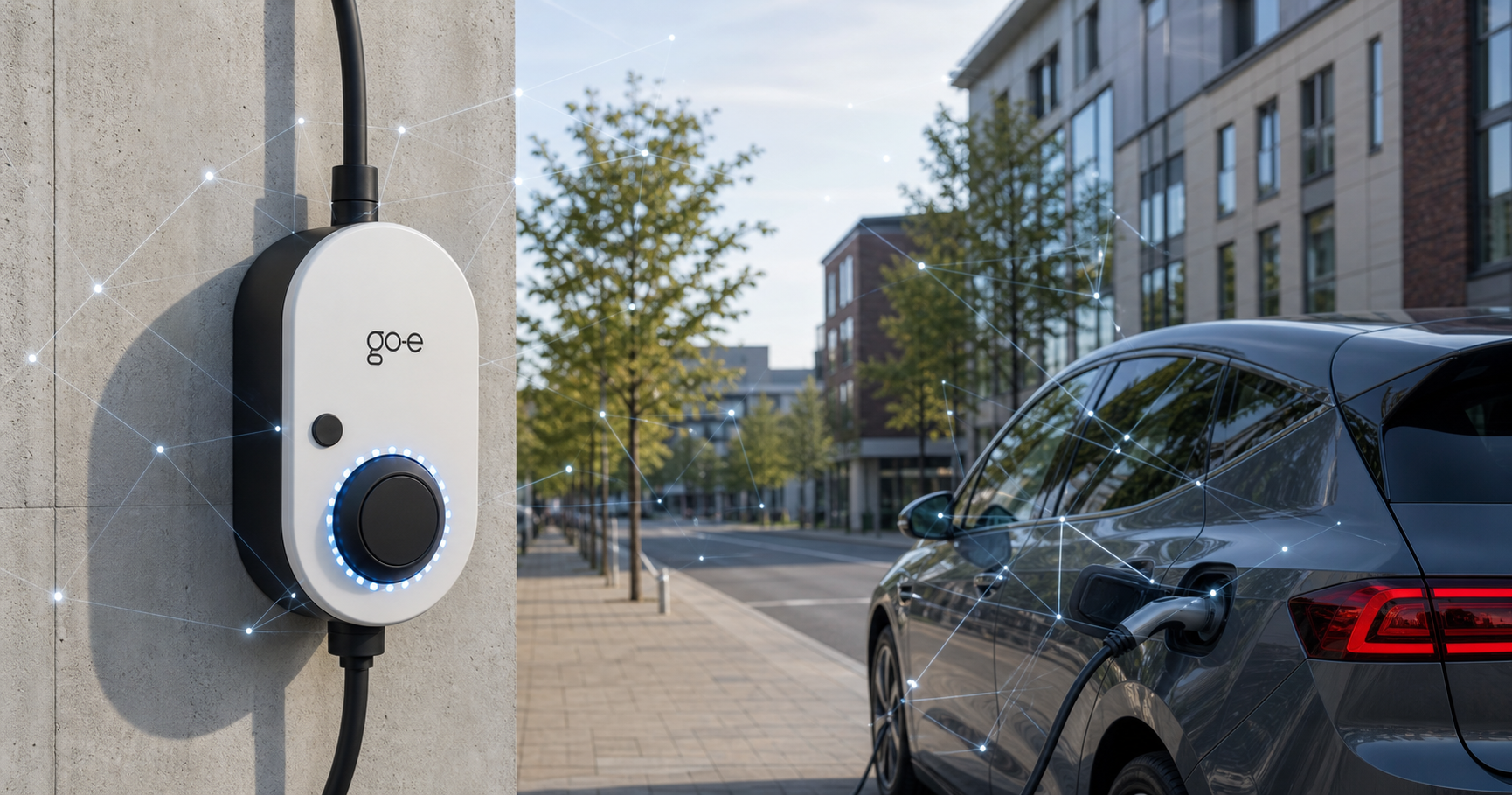 An electric vehicle charging station manufactured by go-e GmbH, with a network connectivity symbol faintly overlaid, representing the Company's potential future internet infrastructure activation.
