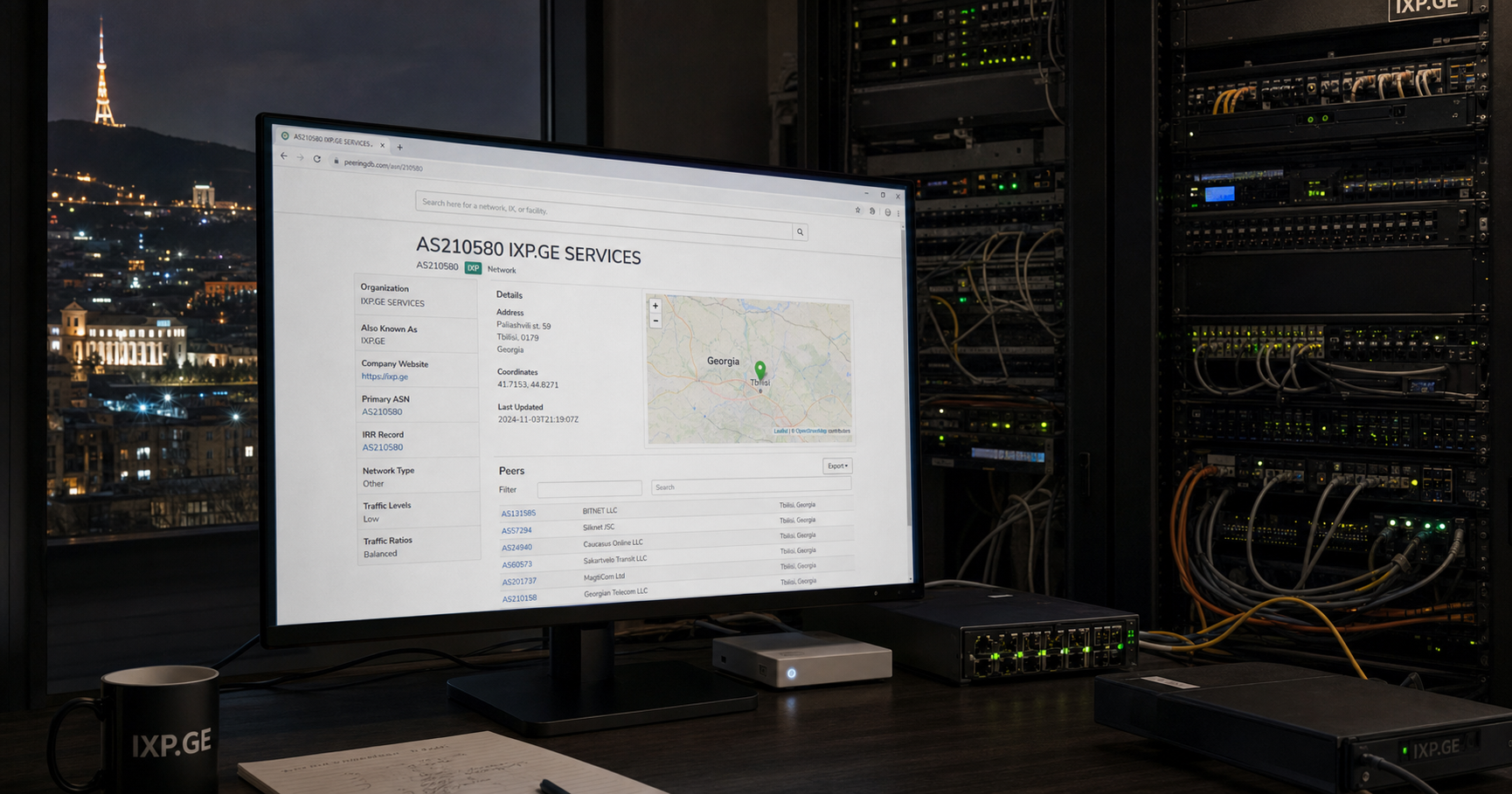 A dim network operations center in Tbilisi with a monitor showing PeeringDB for AS210580.