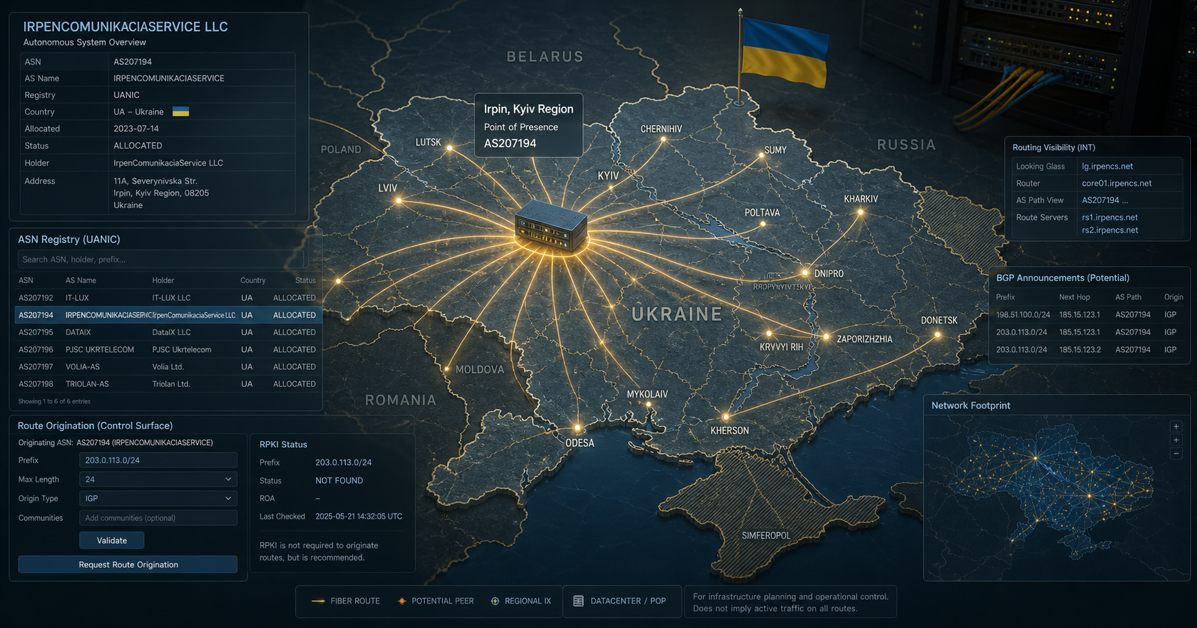 Editorial illustration of a network node over a digital map of Ukraine, symbolizing the registry and potential routing role of AS210373.