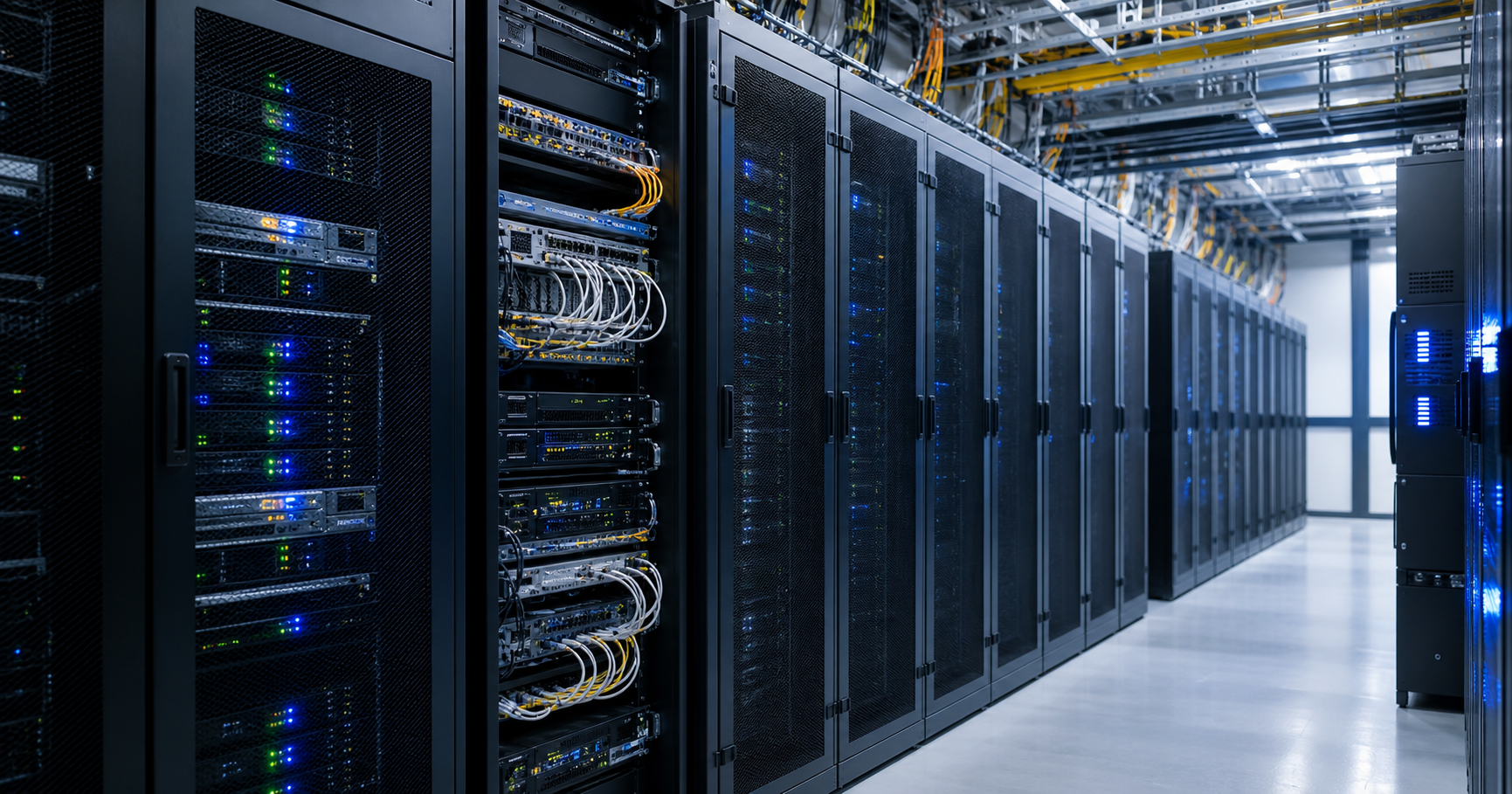 A modern datacenter interior with network racks and organized cabling, representing Zeta Datacenters B.V.