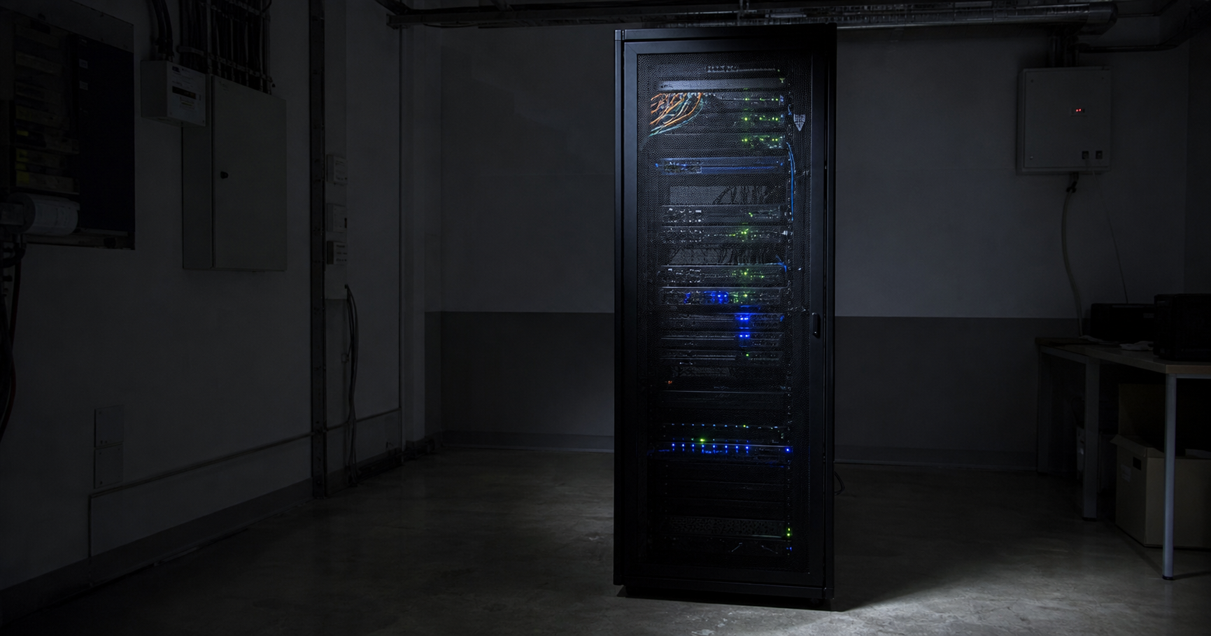A dark server room with a single rack and a monitor showing AS210622, representing the latent network potential of Kicked SRL.