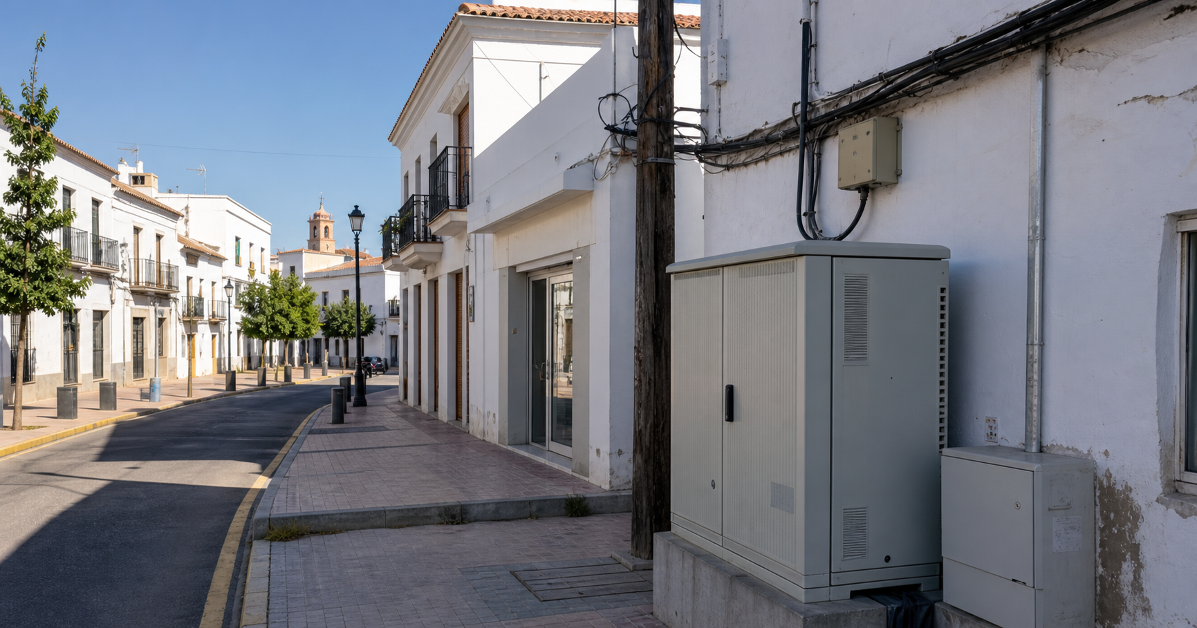 A street-level view of a small telecommunications cabinet or office in Cartaya, Spain, representing regional network infrastructure.