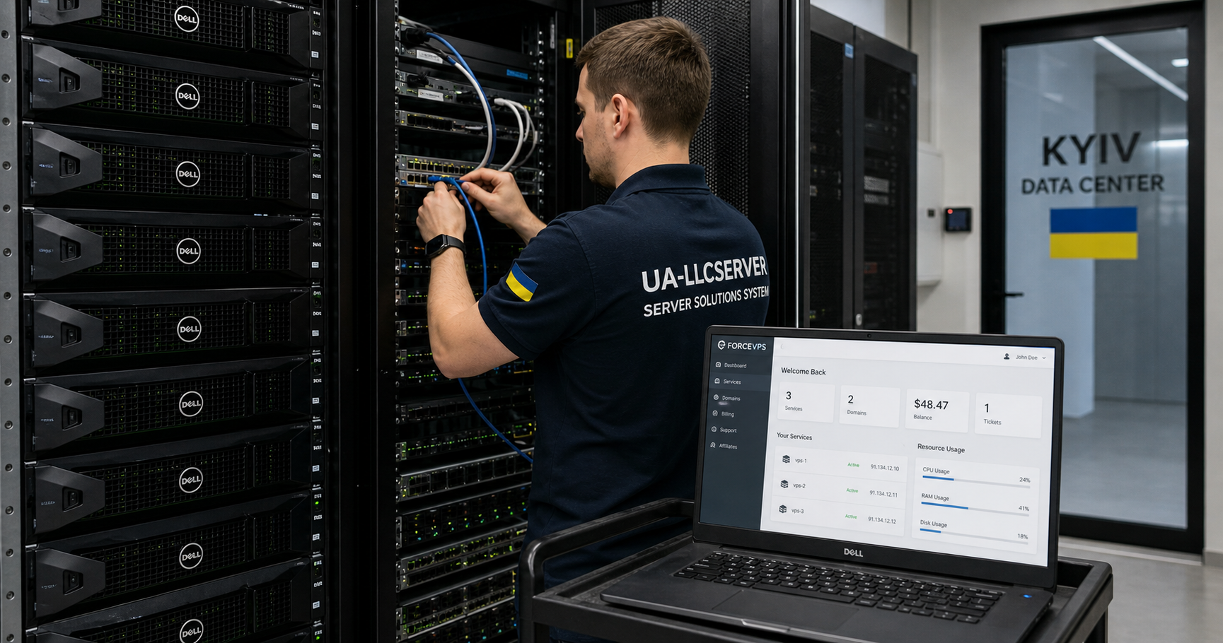 Server room in Kyiv with Dell PowerEdge racks and a technician working, ForceVPS control panel on a laptop screen.
